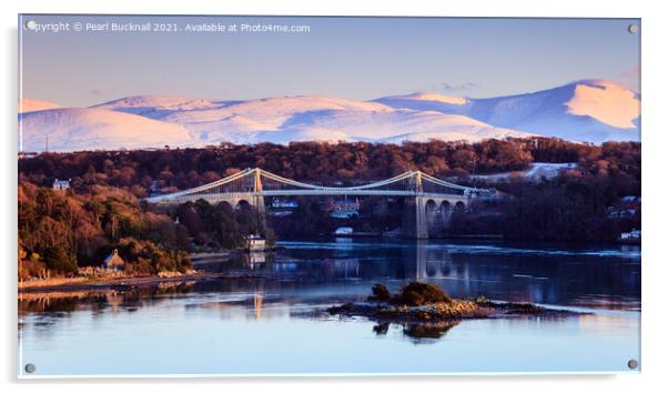 Menai Bridge and Snowdonia from Anglesey in Winter Acrylic by Pearl Bucknall