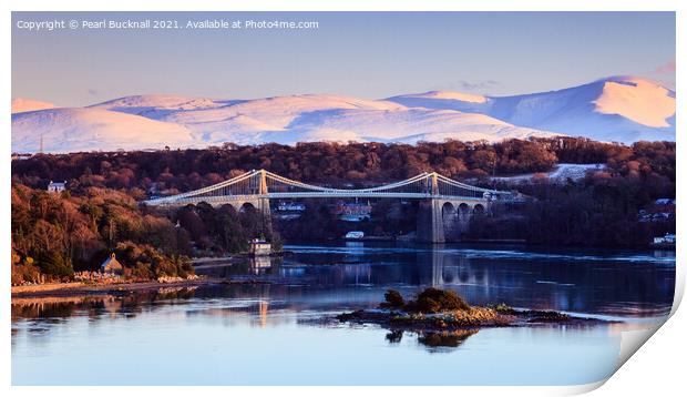 Menai Bridge and Snowdonia from Anglesey in Winter Print by Pearl Bucknall