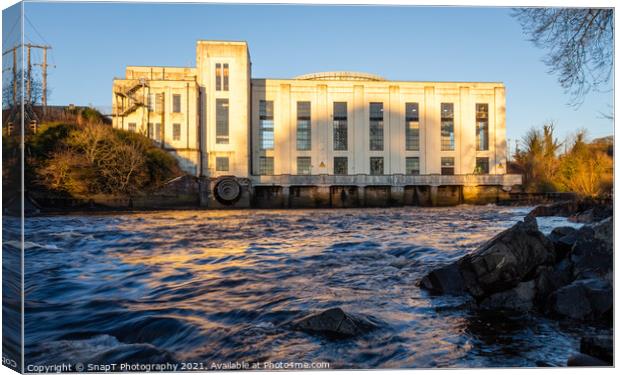 The River Dee at Tongland Power Station at sunset on a winters d Canvas Print by SnapT Photography