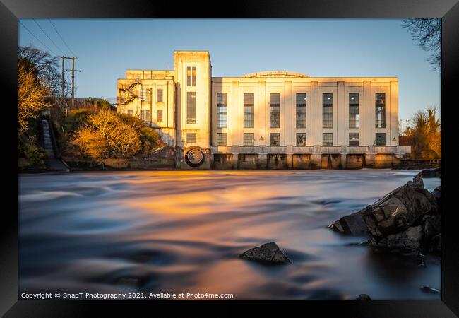 Long exposure of the River Dee at Tongland Power Station at sunset in winter Framed Print by SnapT Photography
