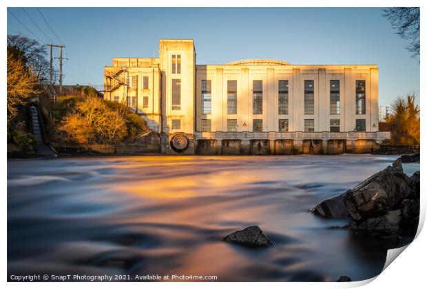 Long exposure of the River Dee at Tongland Power Station at sunset in winter Print by SnapT Photography