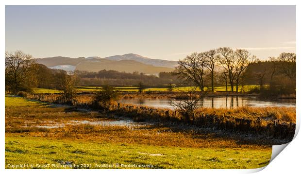The River Dee in winter with a snow covered Bengairn Hill in the Print by SnapT Photography