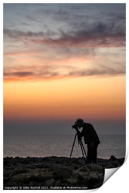 Photographer silhouette at sunset Print by Giles Rocholl