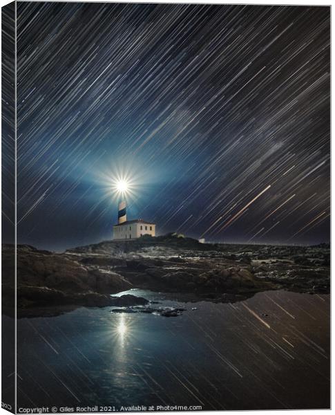 Star trails over Favàritx lighthouse Menorca Canvas Print by Giles Rocholl