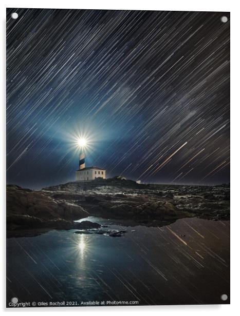 Star trails over Favàritx lighthouse Menorca Acrylic by Giles Rocholl