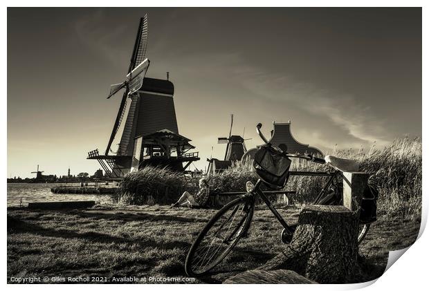 Windmills and bike Holland Print by Giles Rocholl
