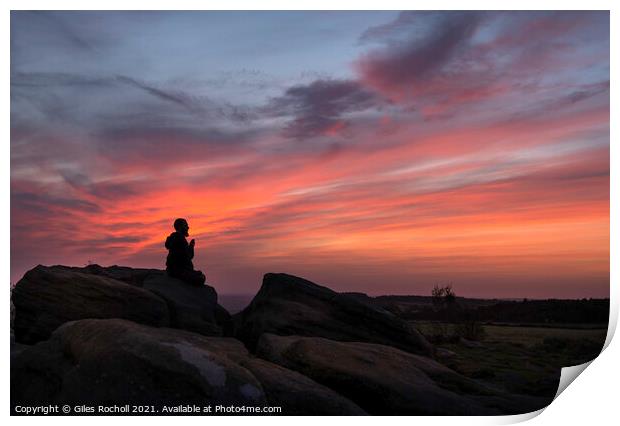 Monk meditating and sunrise Print by Giles Rocholl