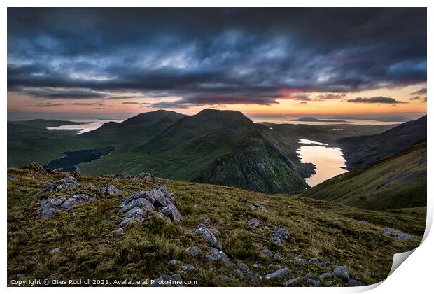 Sunset over Irish mountains. Print by Giles Rocholl