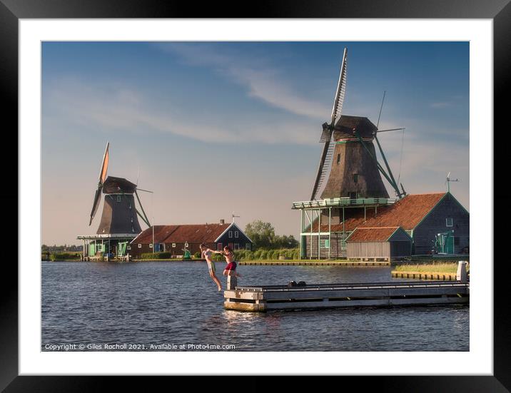 Children windmills and water Holland Framed Mounted Print by Giles Rocholl