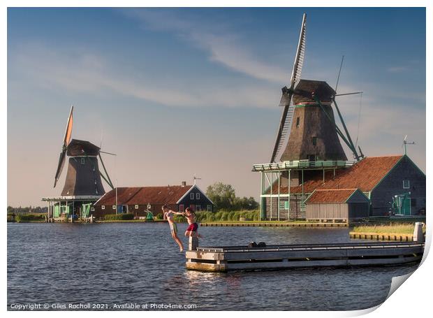 Children windmills and water Holland Print by Giles Rocholl