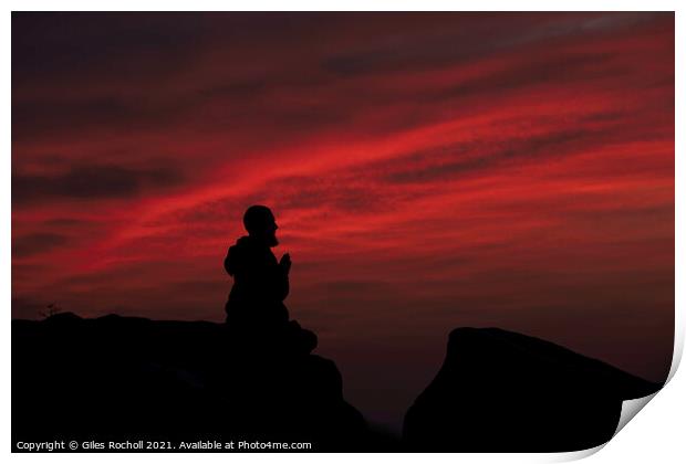 Praying monk at sunrise Print by Giles Rocholl