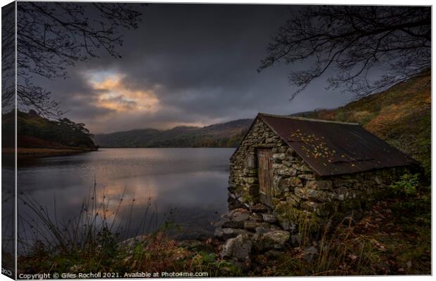 Welsh lake and boathouse Canvas Print by Giles Rocholl