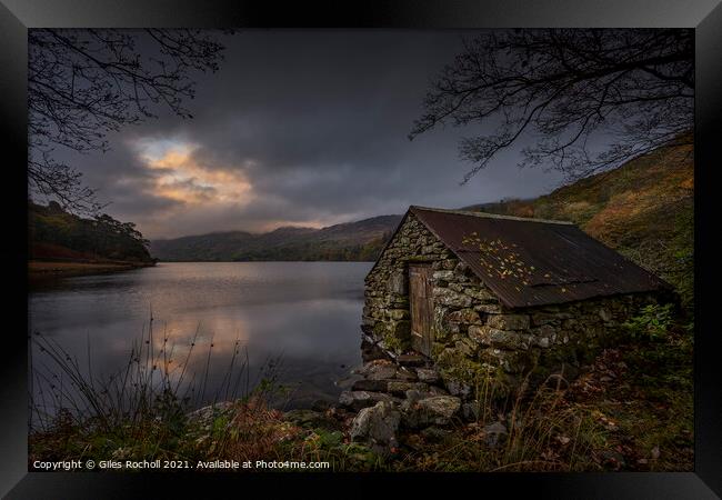 Welsh lake and boathouse Framed Print by Giles Rocholl