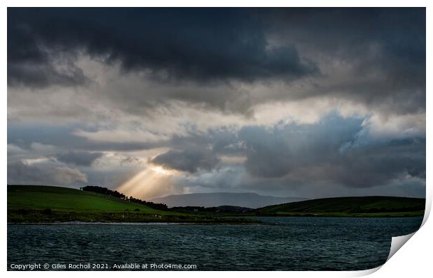 Sun rays Irish lakes and hills Print by Giles Rocholl