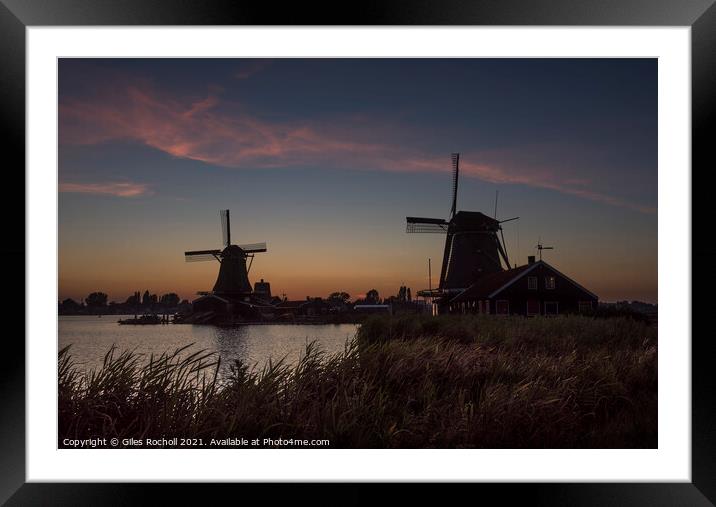 Dutch windmills at dusk. Framed Mounted Print by Giles Rocholl