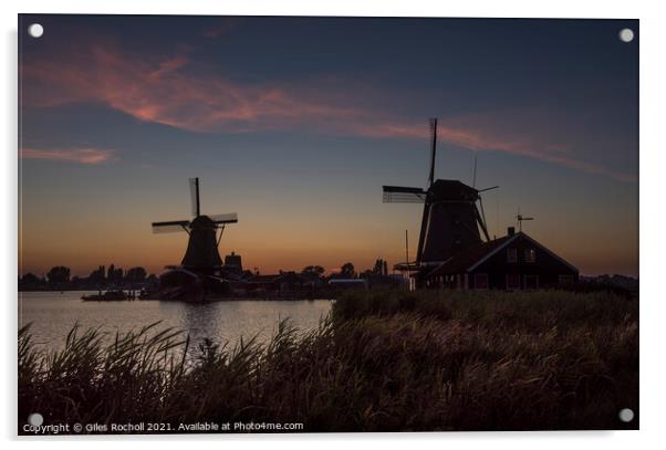 Dutch windmills at dusk. Acrylic by Giles Rocholl