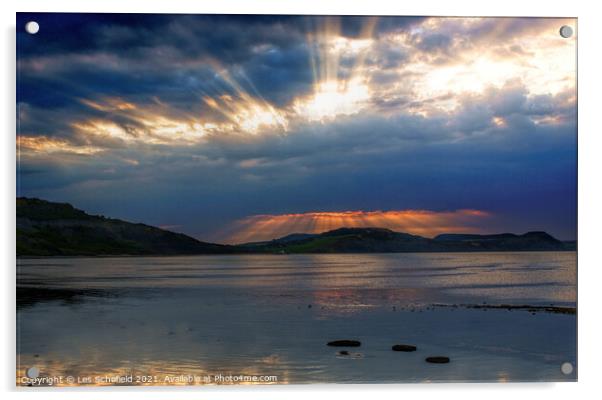 Charmouth Sunrise over Golden Cap Acrylic by Les Schofield