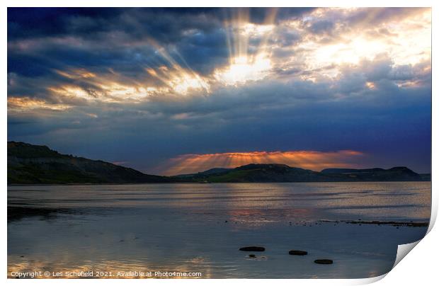 Charmouth Sunrise over Golden Cap Print by Les Schofield