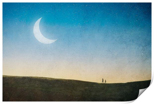 A magical concept. Of a couple walking on a hill w Print by David Wall