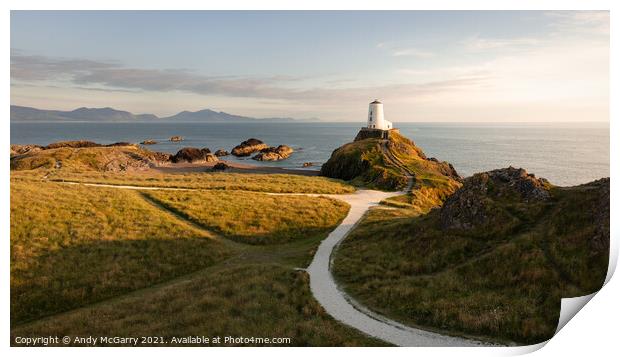 Majestic Sunset at Llanddwyn Lighthouse Print by Andy McGarry