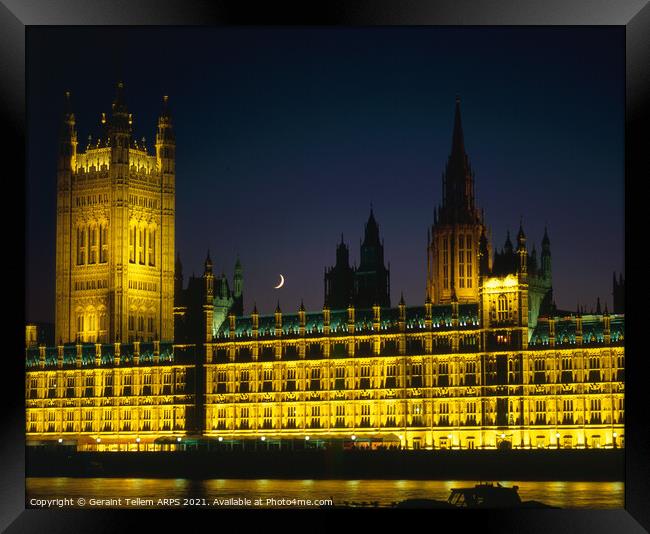 Houses of Parliament and crescent moon, Westminster, London, UK Framed Print by Geraint Tellem ARPS