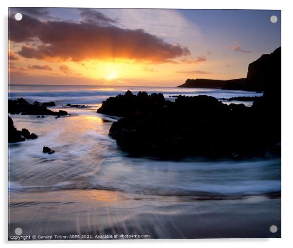 Sunset from Mewslade Bay, Gower, South Wales Acrylic by Geraint Tellem ARPS