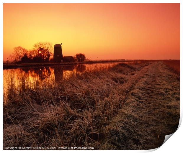 Windmill, winter sunrise, Norfolk Broads, UK Print by Geraint Tellem ARPS
