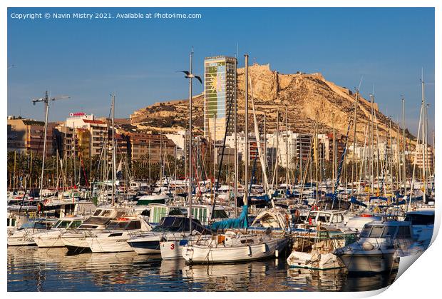 Alicante Harbour and the Castle of Santa Barbara Print by Navin Mistry