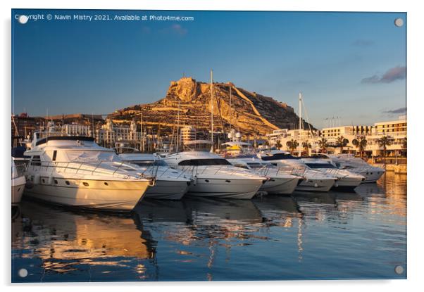 Alicante Marina Castle of Santa Barbara  Acrylic by Navin Mistry