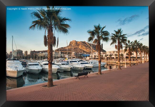A view of Alicante Marina and the Castle of Santa Barbara Framed Print by Navin Mistry