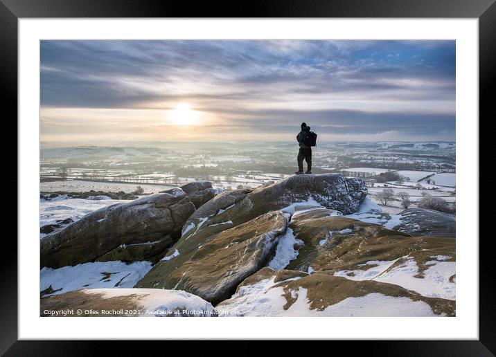 Snow sunrise Yorkshire walker Framed Mounted Print by Giles Rocholl