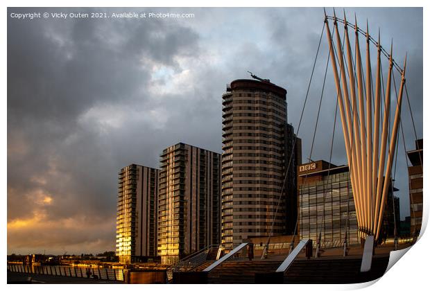 Sunset at Salford Quays, Manchester Print by Vicky Outen