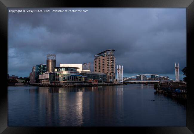 The Lowry theatre at sunset, Salford Quays Framed Print by Vicky Outen