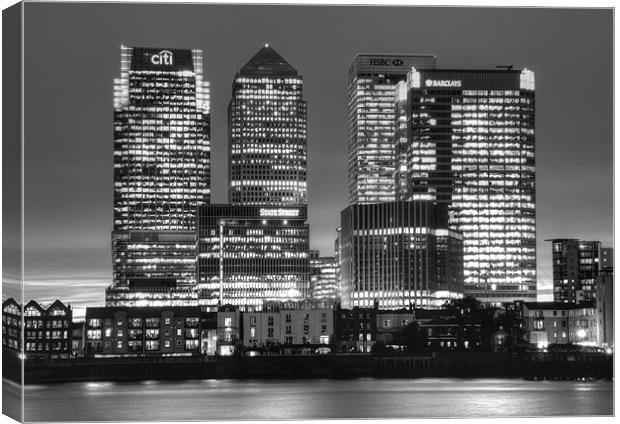 Docklands Canary Wharf sunset BW Canvas Print by David French