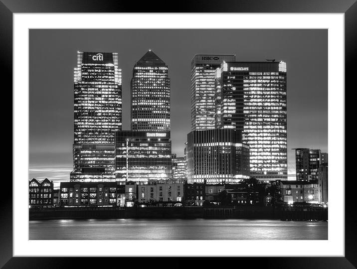 Docklands Canary Wharf sunset BW Framed Mounted Print by David French