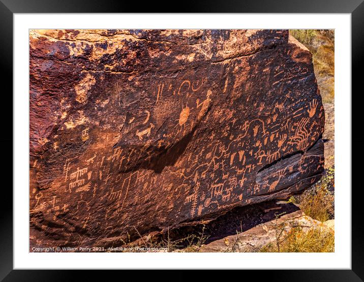 Indian Petroglyphs Newspaper Rock Petrified Forest National Park Framed Mounted Print by William Perry