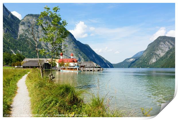 Bavarian King's Lake with St. Bartholomae Church Print by Gisela Scheffbuch