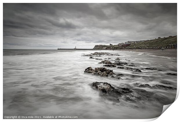 Stormy clouds over Whitby Beach Print by Inca Kala
