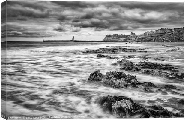 Waves on Whitby Beach in Mono Canvas Print by Inca Kala