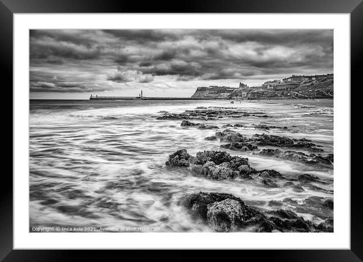 Waves on Whitby Beach in Mono Framed Mounted Print by Inca Kala