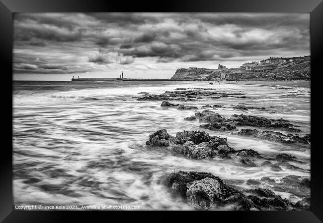 Waves on Whitby Beach in Mono Framed Print by Inca Kala