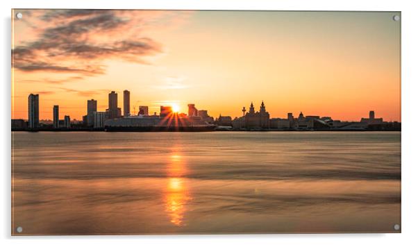 A sunrise over the river mersey with the Liverpool skyline. Acrylic by Kevin Elias