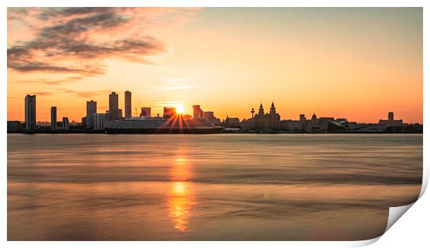 A sunrise over the river mersey with the Liverpool skyline. Print by Kevin Elias
