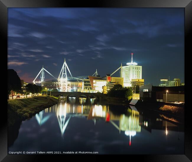 River Taff and Millennium Stadium at dusk, Cardiff, Wales Framed Print by Geraint Tellem ARPS