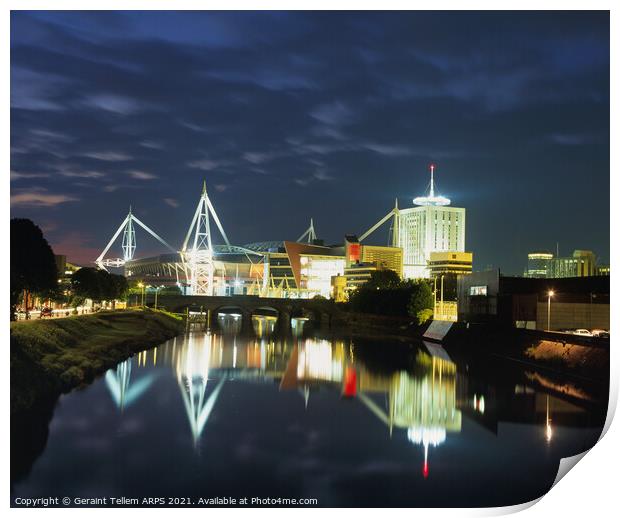 River Taff and Millennium Stadium at dusk, Cardiff, Wales Print by Geraint Tellem ARPS