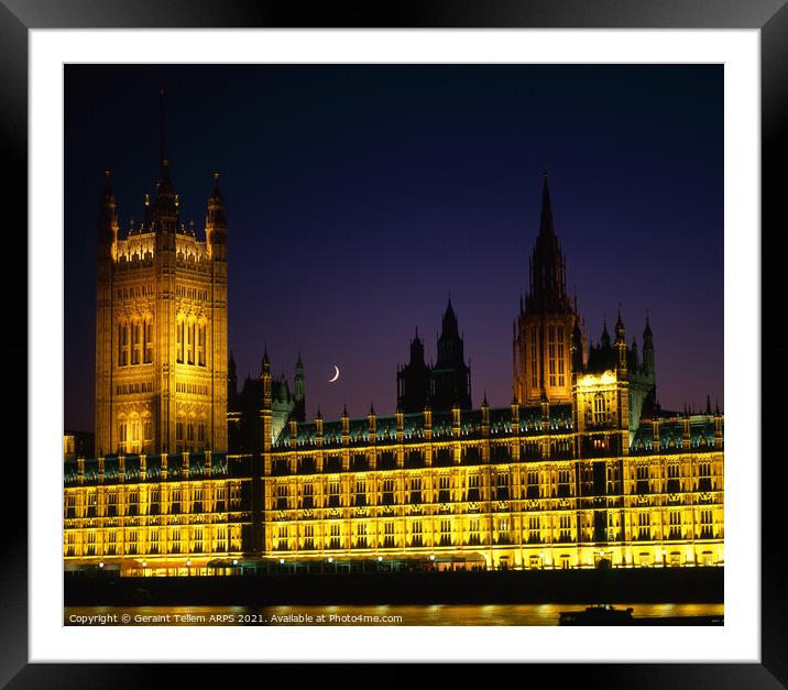 Houses of Parliament and cresecent moon at dusk, Westminster, London Framed Mounted Print by Geraint Tellem ARPS