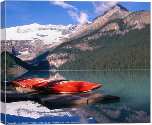 Canoes, Lake Louise, Rocky Mountains, Alberta, Canada Canvas Print by Geraint Tellem ARPS