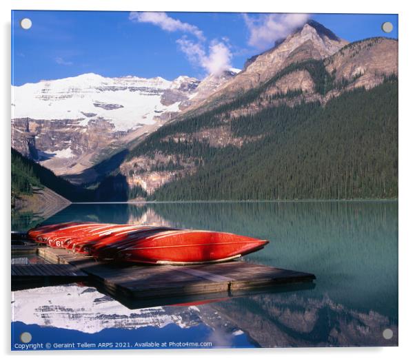 Canoes, Lake Louise, Rocky Mountains, Alberta, Canada Acrylic by Geraint Tellem ARPS