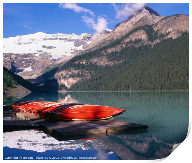 Canoes, Lake Louise, Rocky Mountains, Alberta, Canada Print by Geraint Tellem ARPS