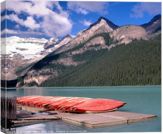 Canoes, Lake Louise, Rocky Mountains Alberta, Canada Canvas Print by Geraint Tellem ARPS